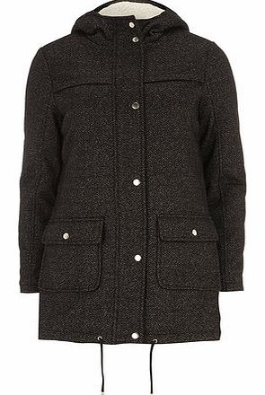 Womens Black and Grey Textured Wool Parka-