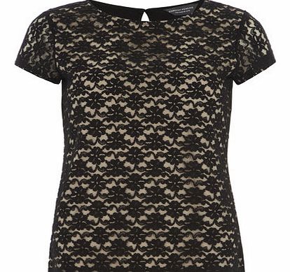 Womens Black and Nude Lace Front Tee- Black