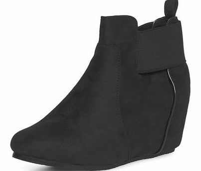 Womens Black elastic low wedge boots- Black