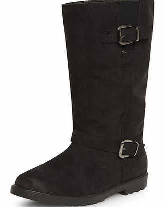 Womens Black faux fur calf flat boots- Black