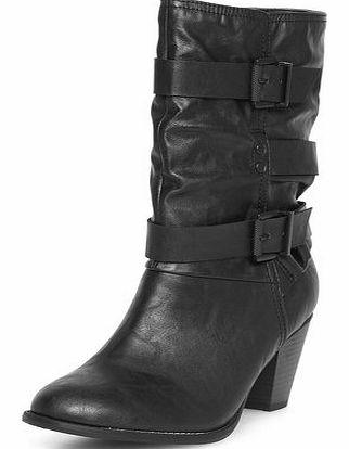Womens Black heeled strappy boots- Black