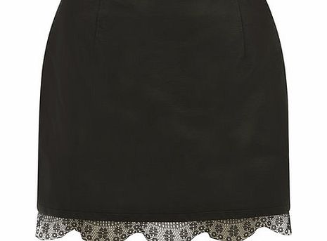 Womens Black leather look mini skirt- Black