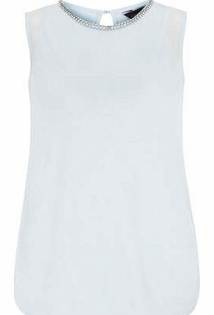 Womens Blue Embellished Trim Top- Pale Blue