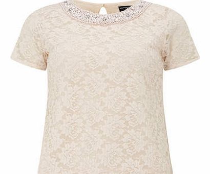 Womens Blush Embellished Lace Tee- Blush