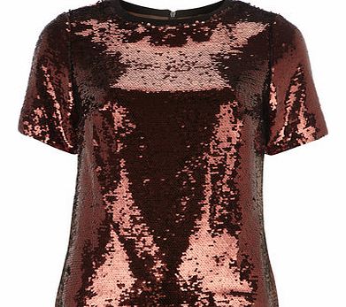 Dorothy Perkins Womens Bronze Sequin Rib Neck Tee- Bronze