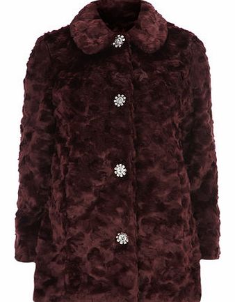 Dorothy Perkins Womens Burgundy Diamante Button Faux Fur Coat-