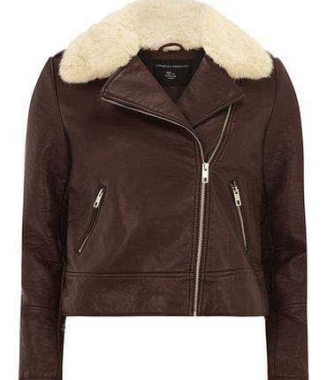 Womens Burgundy Faux Fur Collar Biker Jacket-