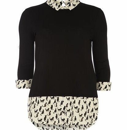 Dorothy Perkins Womens Cat Print 2 in 1 Shirt- Black DP05523630