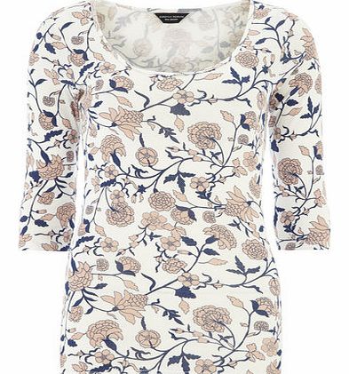 Womens Cream Thistle Print 3/4 Scoop Top- White