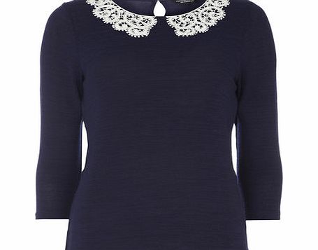 Dorothy Perkins Womens Crochet Collar Jersey Knit- Navy DP56394523