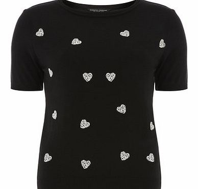 Dorothy Perkins Womens Embroidered Hearts Tee- Black DP55158101