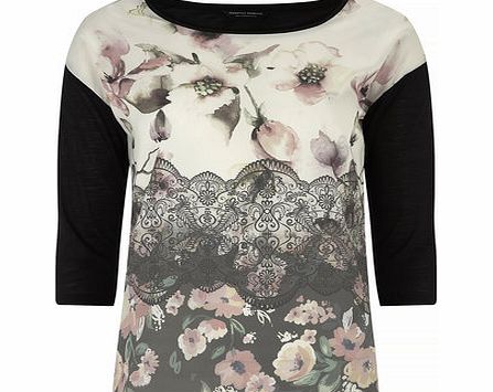 Womens Floral and lace motif Jersey Top- Multi