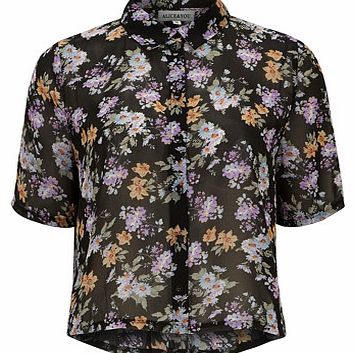 Dorothy Perkins Womens Floral Chiffon Cropped Blouse- Black