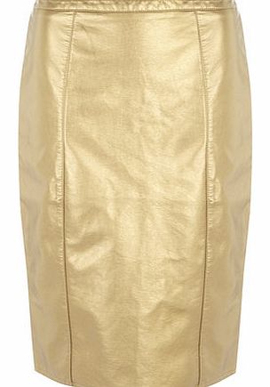 Dorothy Perkins Womens Gold Leather Look Pencil Skirt- Gold