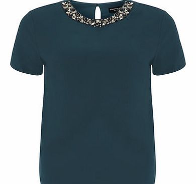 Dorothy Perkins Womens Green Embellished Satin Back Tee- Green