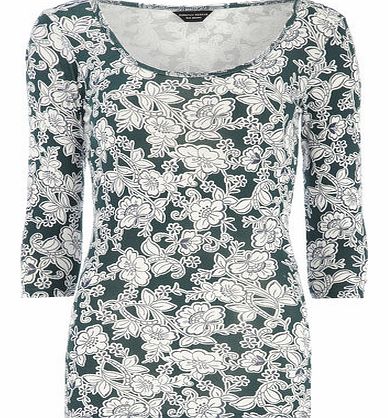 Womens Green floral 3/4 scoop jersey top- Green