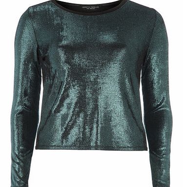 Dorothy Perkins Womens Green metallic textured trim top- Green