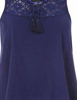 Dorothy Perkins Womens Ink Lace Yoke Tie Top- Blue DP56418850