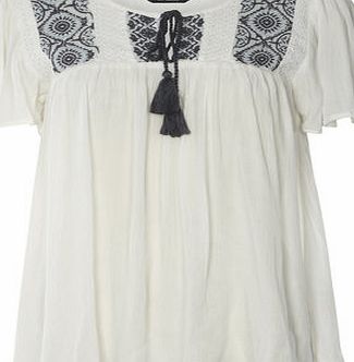 Dorothy Perkins Womens Ivory and Blue Embroidered Top- White