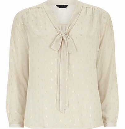 Womens Ivory Foil Pussybow Blouse- White