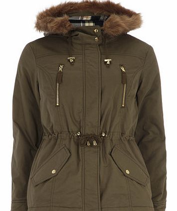 Dorothy Perkins Womens Khaki Check Hood Short Parka Jacket-
