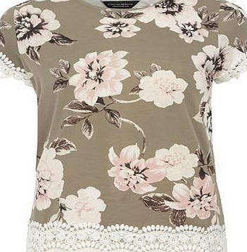 Dorothy Perkins Womens Khaki Floral Lace Trim Tee- Green
