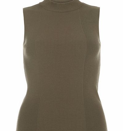 Dorothy Perkins Womens Khaki High Neck Knitted Shell Top- Khaki