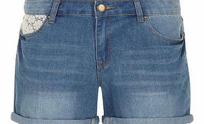 Dorothy Perkins Womens Midwash Crochet trim boy shorts- Blue