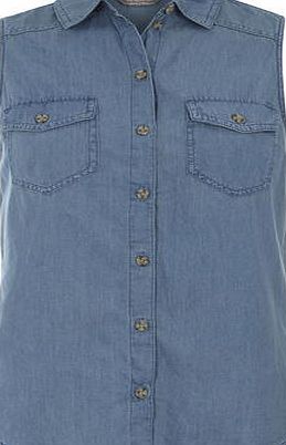 Dorothy Perkins Womens Midwash Sleevess Denim Shirt- Blue