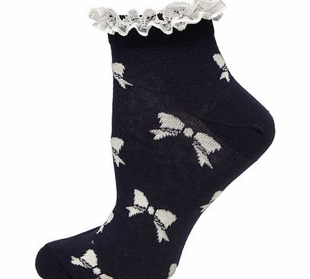 Dorothy Perkins Womens Navy Bow Print Lace Top Socks- Blue