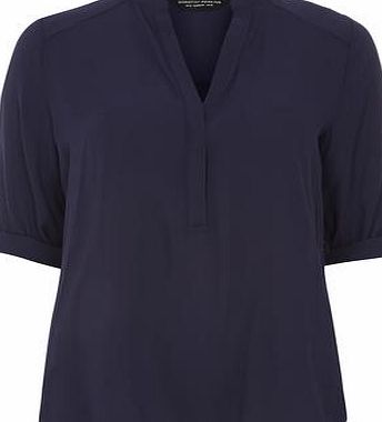 Dorothy Perkins Womens Navy Collarless Rollsleeve Top- Blue