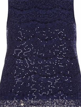 Dorothy Perkins Womens Navy Eyelash Lace Sequin Shell Top- Navy