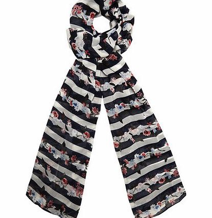 Dorothy Perkins Womens Navy Floral Stripe Chiffon Scarf- Blue