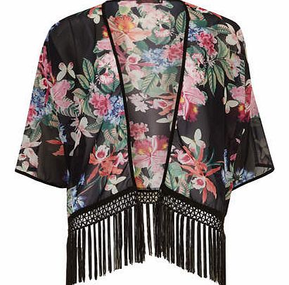 Womens Petals Black Floral Print Kimono Tassle