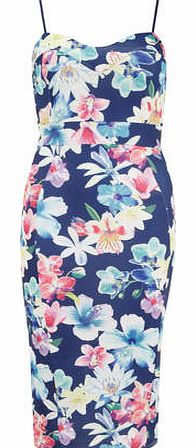 Womens Petals Blue Floral Printed Pencil Dress-