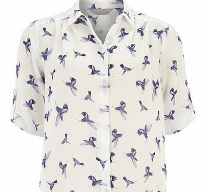 Dorothy Perkins Womens Petite bird roll sleeve shirt- Blue