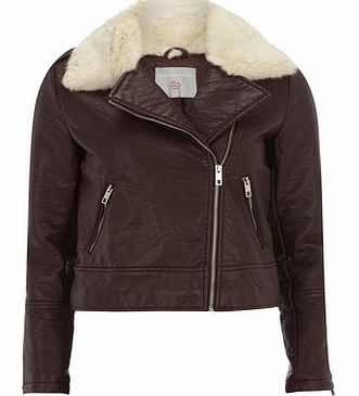 Dorothy Perkins Womens Petite burgundy faux fur biker jacket-