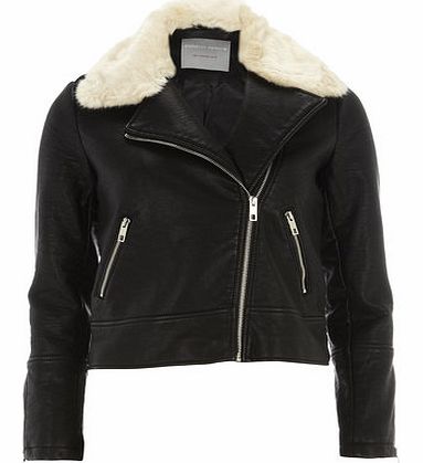 Womens Petite faux fur collar biker jacket-