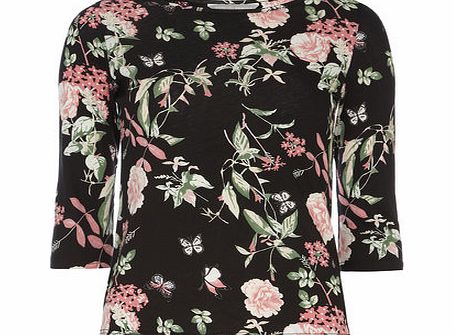 Dorothy Perkins Womens Petite floral 3/4 printed tee- Black