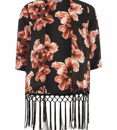 Womens Petite floral tassel kimono- Black
