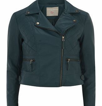 Dorothy Perkins Womens Petite green leather look quilted biker