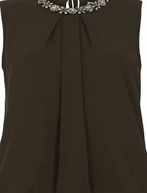 Dorothy Perkins Womens Petite Khaki embellished top- Khaki