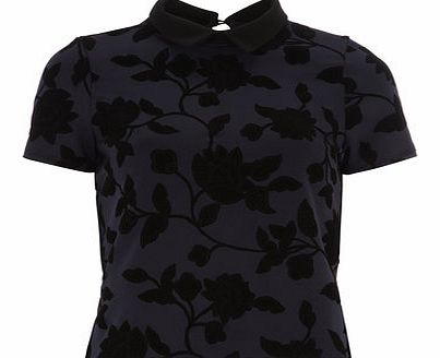 Dorothy Perkins Womens Petite navy flocked collar tee- Blue