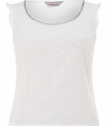 Womens Petite white broderie shell top- White