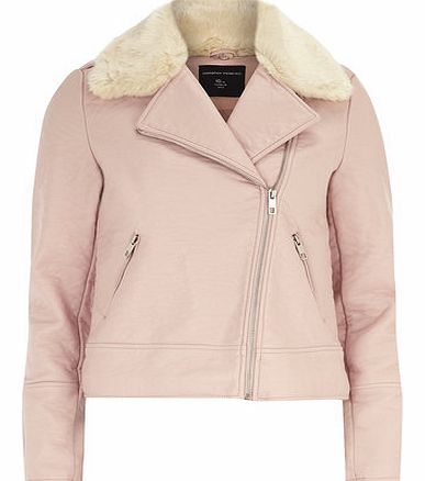 Dorothy Perkins Womens Pink Faux Fur Collar Biker Jacket- Pink