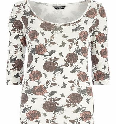Womens Pink floral 3/4 scoop jersey top- Pink