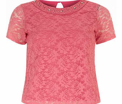 Womens Pink Short Sleeve Lace Tee- Pink DP05454514
