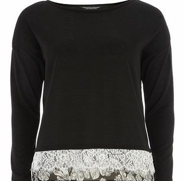 Dorothy Perkins Womens Print and lace hem jersey knit top- Black