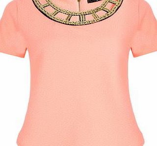 Dorothy Perkins Womens Quiz Cut Embellished Neck Top- Coral
