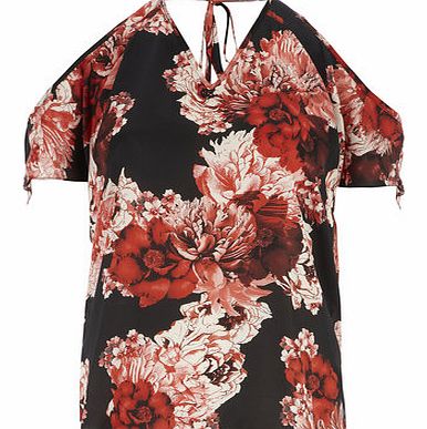 Dorothy Perkins Womens Red Floral Cold Shoulder Top- Red
